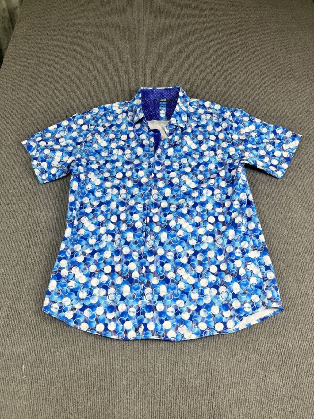 Bohio Mens Blue & White Geometric Print Short Sleeve Button-Up Shirt Size L